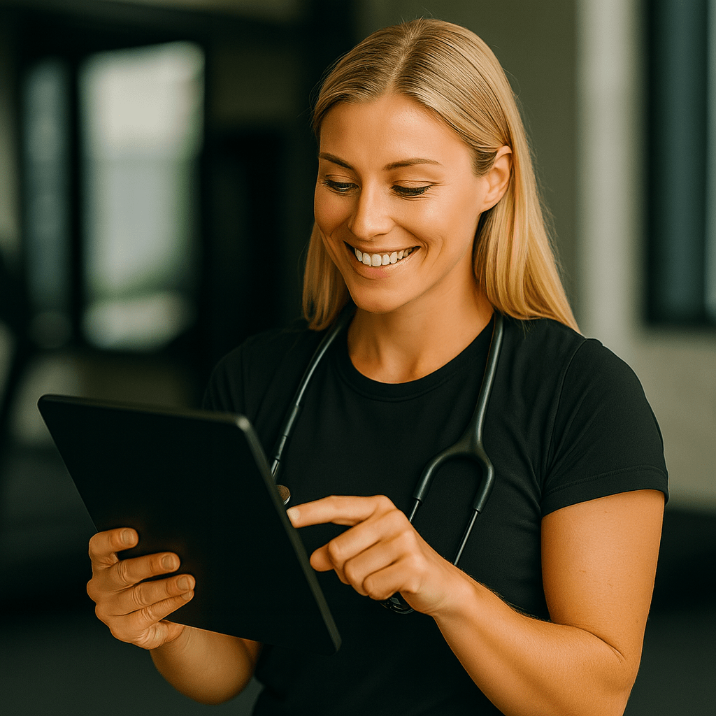 Sportärztin bei der Untersuchung mit Tablet